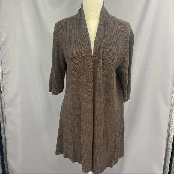 Eileen Fisher Chocolate Brown Open Front 1/2 Sleeve Silk Blend Cardigan Sweater - Picture 1 of 9